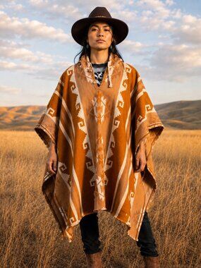 Handwoven Native American Western Hooded Wool Poncho - 100% Wool Pullover Coat